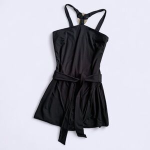 Y2K Caché Black Romper Gold Detail Skirt Front Rayon Jumpsuit Premium Feel